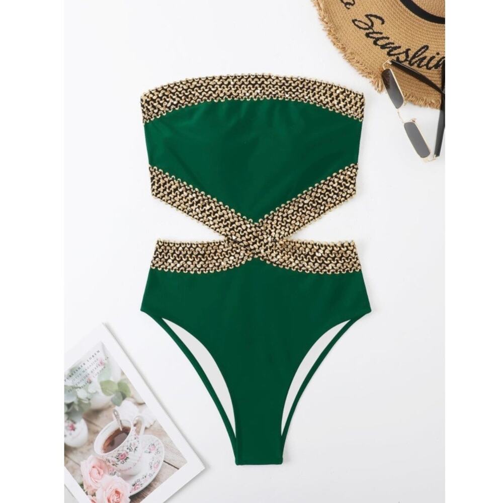 Militia Women Green Cutout One Piece Swimsuit High Waist Strappy S NWT - Picture 4 of 9